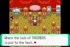 Screenshot of Pokémon Emerald showing the receptionist at the Battle Pike welcoming the player.
